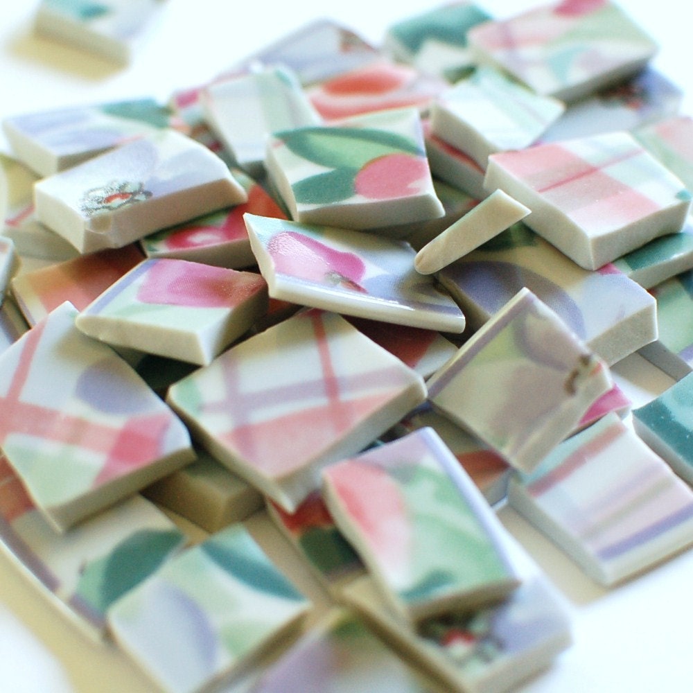 Broken Plate Mosaic Tiles - Pink Plaid and Flowers - Recycled - Set of 130