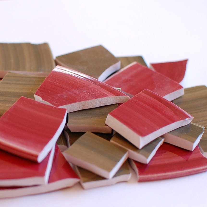 Broken China Mosaic Tiles - Country Red and Green - Set of 100