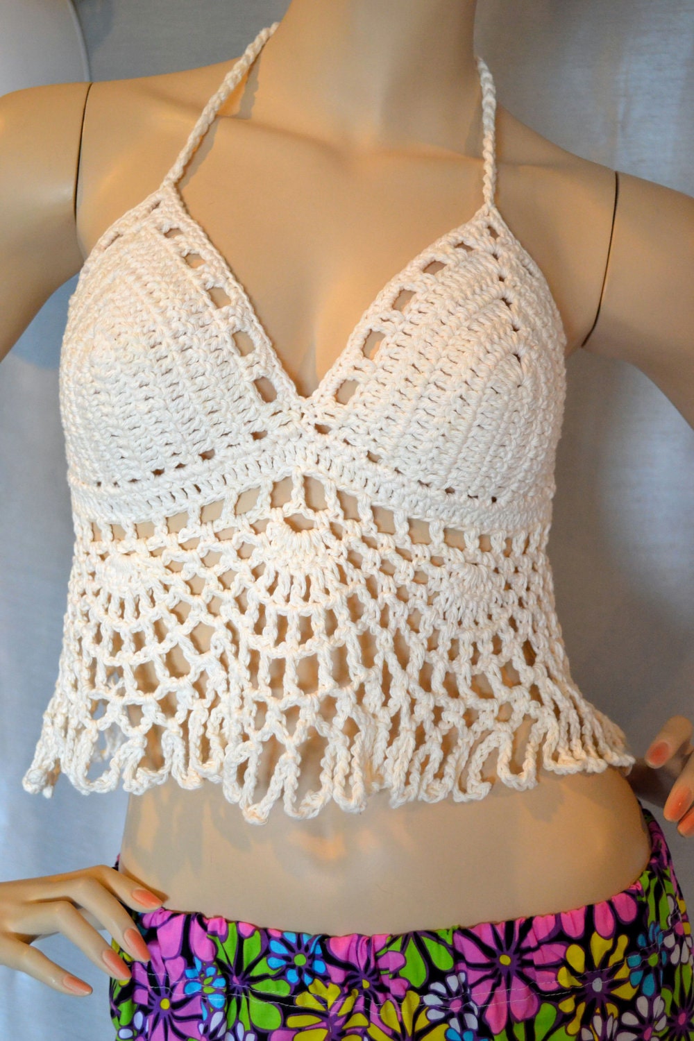 Crochet Apron Halter Top In Soft Ecru August Sale