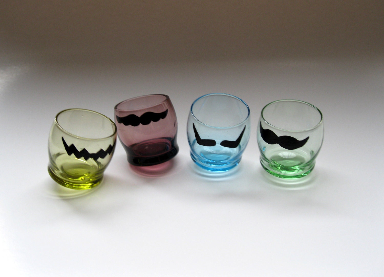 Mustache Shot Glasses: Hand Painted Mario, Wario, Luigi, and Waluigi Mustache Shot Glasses