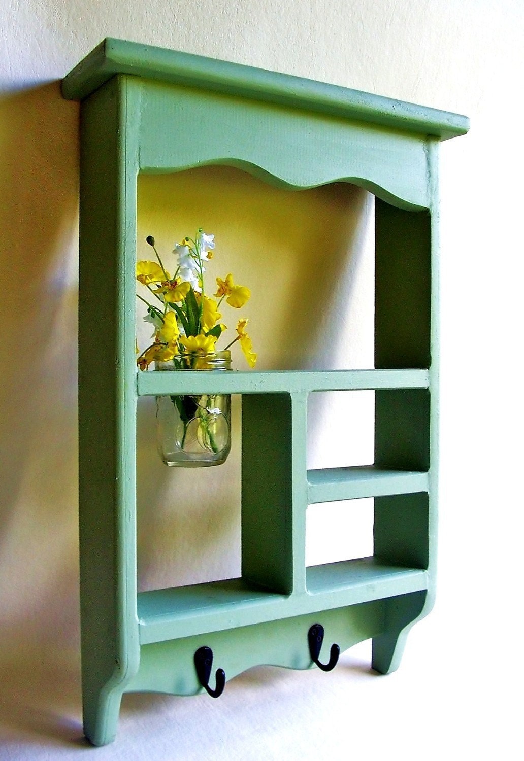 Shelf with Jar Vase and Key Hooks - Cubby Shelf - Shadow Box - Wood Shelf - Painted Shelf