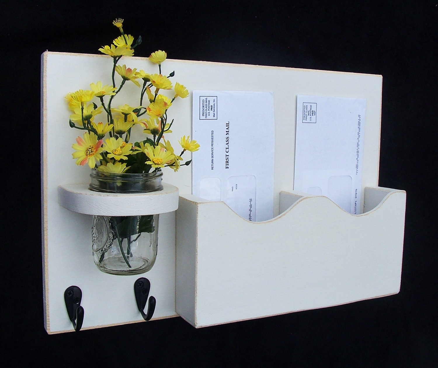Mail Organizer - Mail Holder - Letter Holder - Mail and Key Holder  - Key Hooks - Jar Vase - Organizer - Painted Distressed Wood