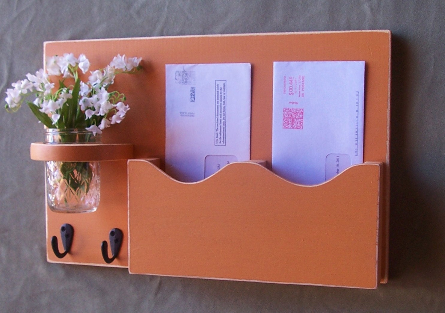 Mail Organizer - Mail and Key Holder - Letter Holder - Double Slots - Key Hooks - Jar Vase - Organizer - Painted Distressed Wood