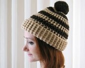 Cream and Brown Pom Pom Hat