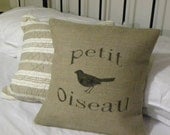 Burlap French petit oiseau little bird pillow cover