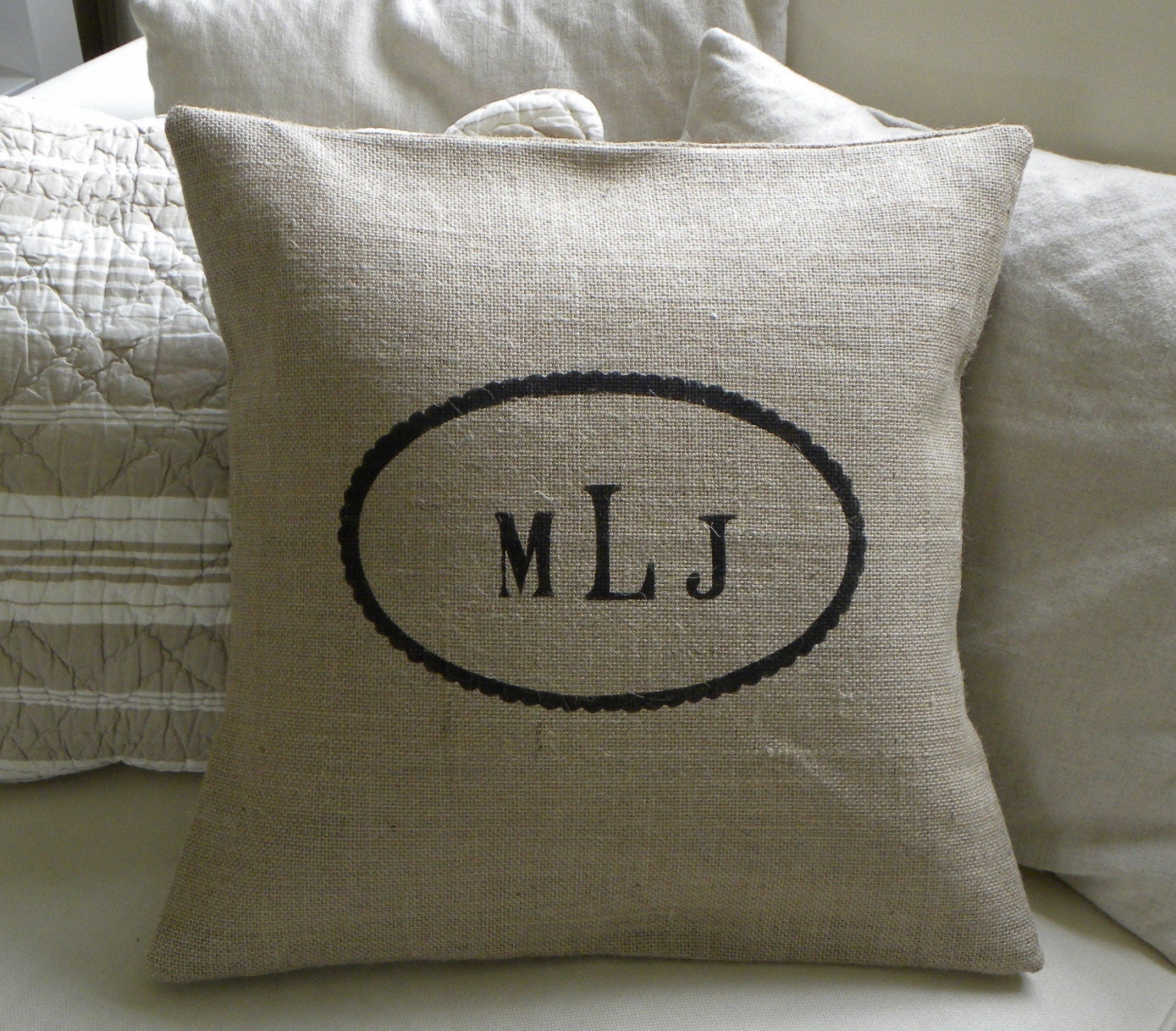 custom burlap initials monogram in scalloped oval pillow cover