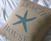 Burlap beach house starfish sea star pillow cover