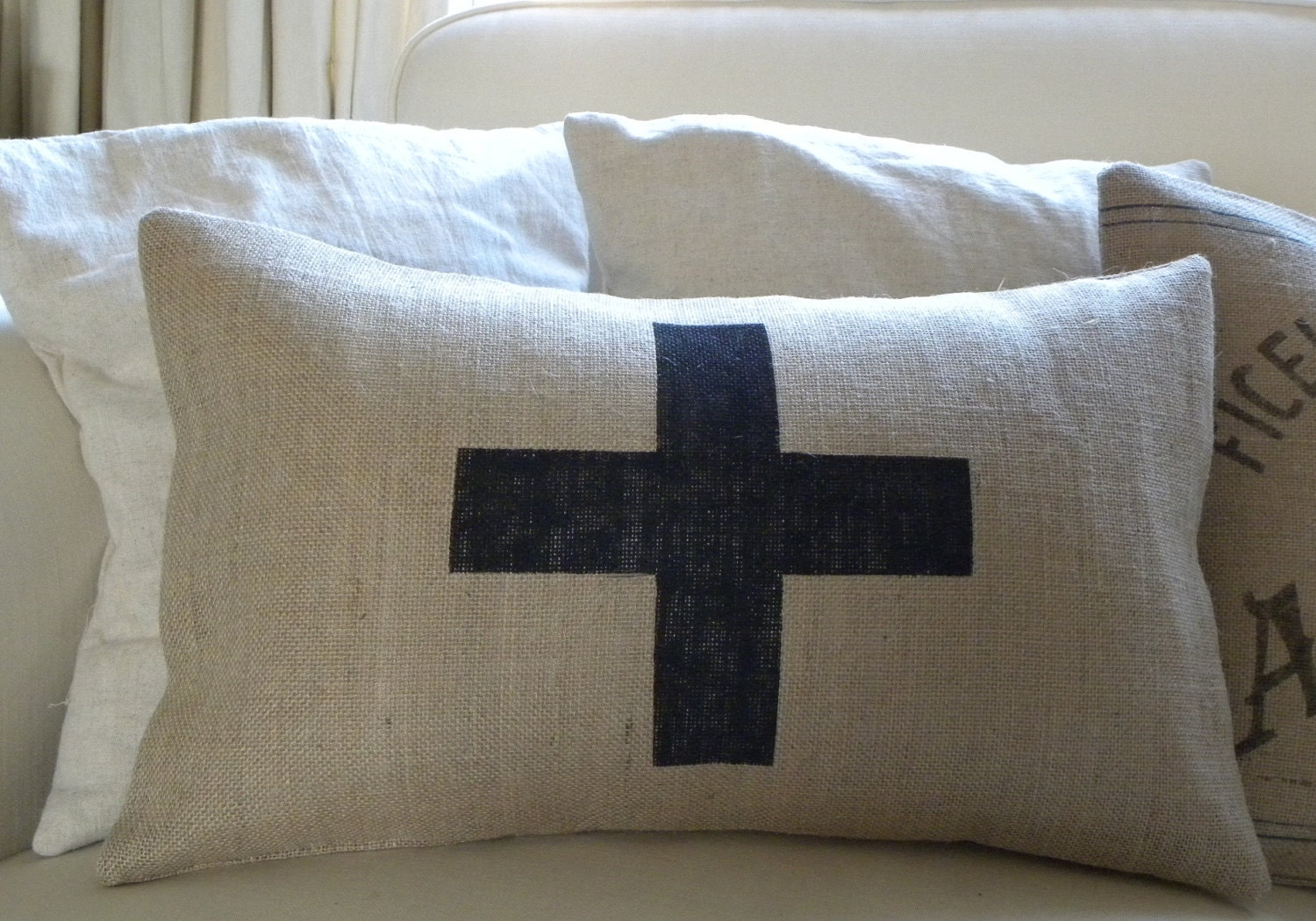 Burlap pillow cover with swiss cross