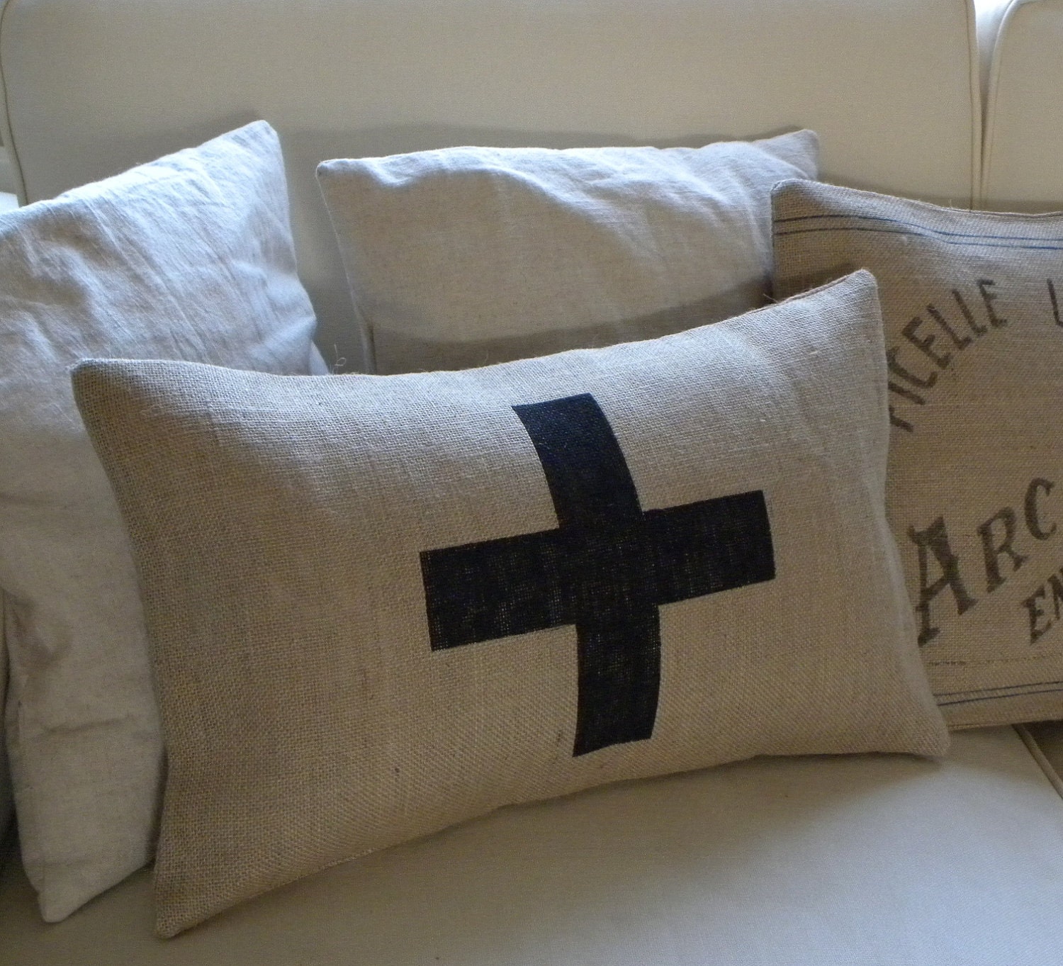 Burlap pillow cover with swiss cross