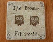 Owl Wedding Date and Name Tile Trivet - 6X6 - Perfect  for New Home, Newly Married, Housewarming Gift or Hot Pot or Bottle of Wine