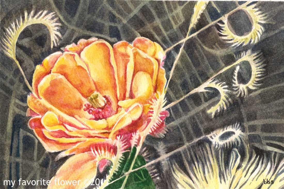 orange flower watercolor, original painting, prickly pear cactus flower