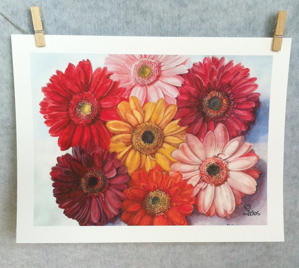 art prints, gerbera daisies, watercolor painting, flower art