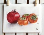 kitchen art, persimmon and pomegranate, art print, still life