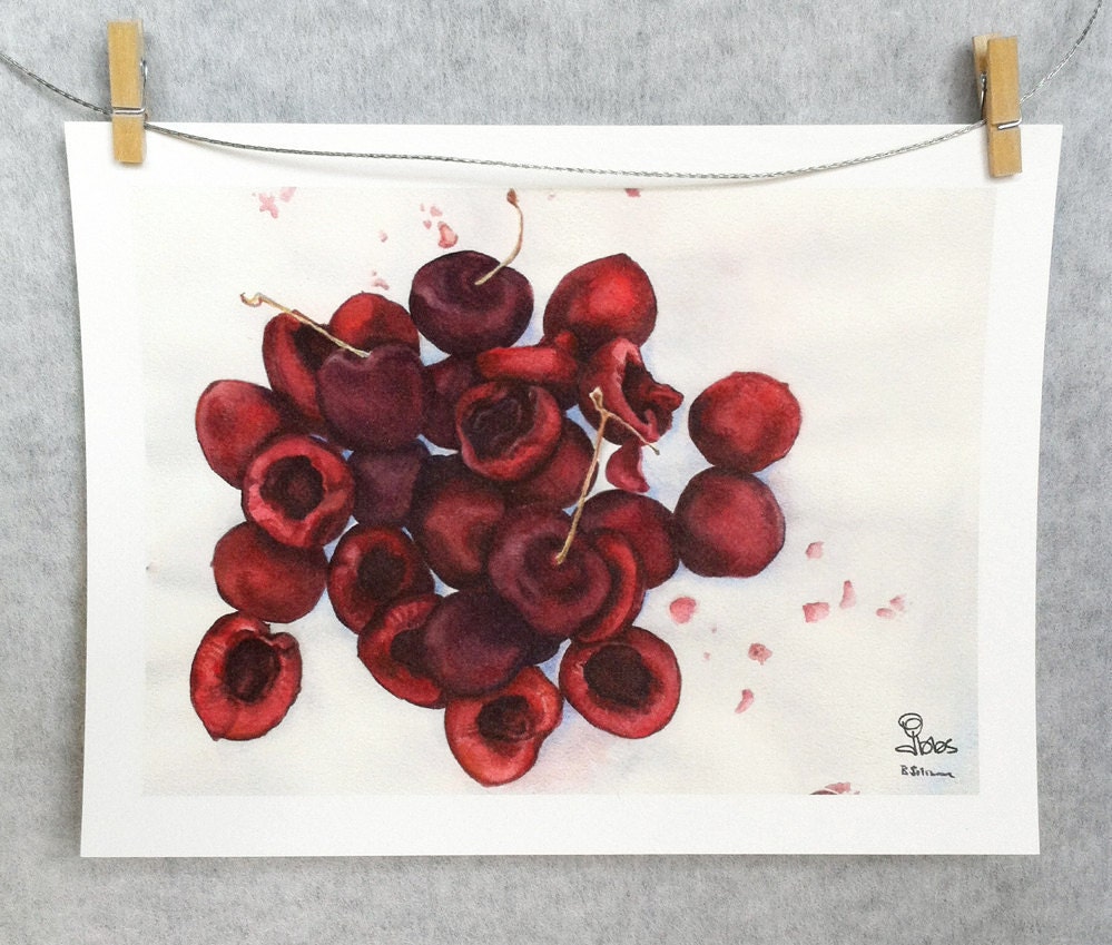 cherry art, watercolor print, red cherries, kitchen art