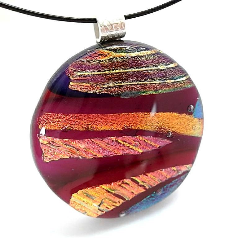 Dichroic Glass Pendant/Fused Glass Pendant/Glass Necklace/Round Dichroic Fused Glass Necklace/Burgandy, Orange, Gold, Teal