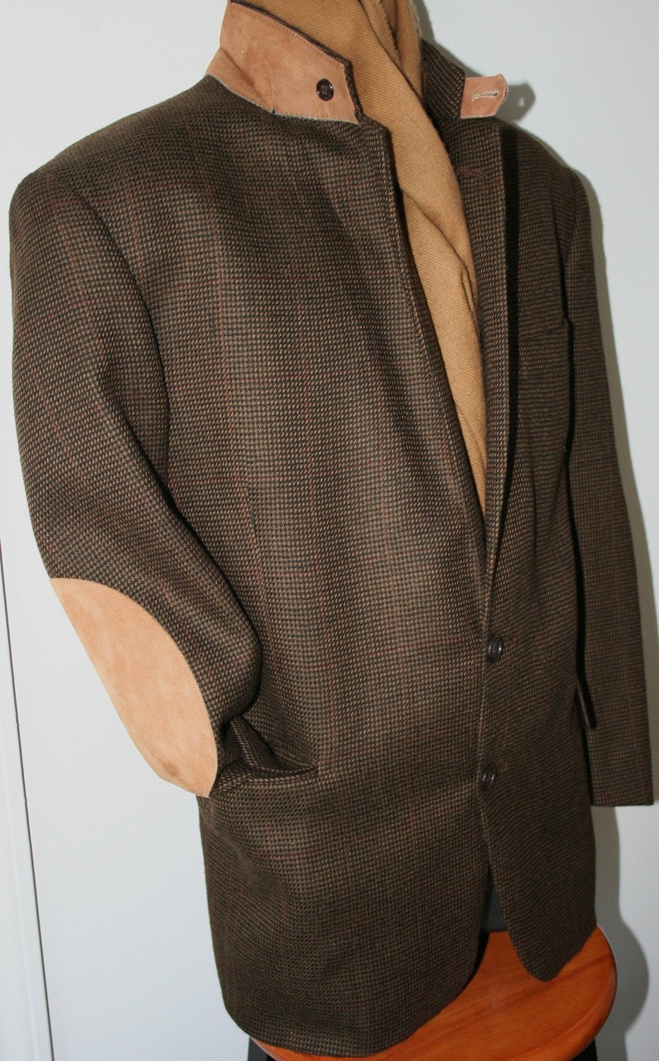Designer Dusty Chic Chocolate Tweed Equestrian Jacket with Caramel Elbow Patches By Evan Picone