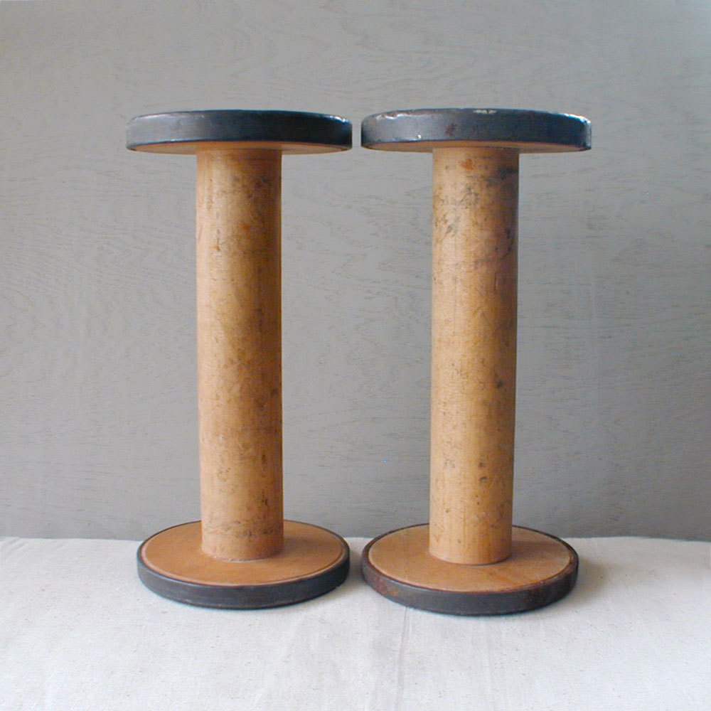 Large Antique Mill Textile Wood Spools Pair