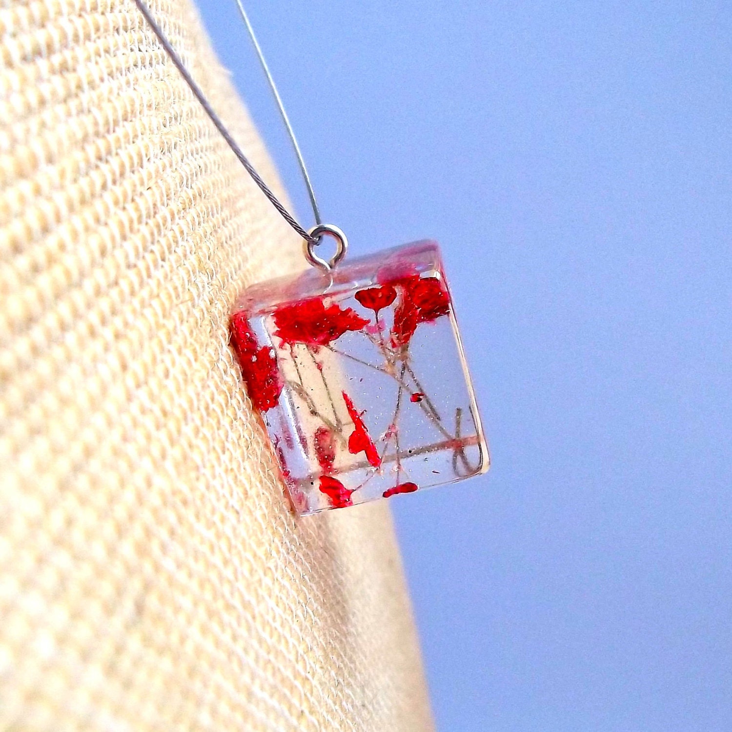 READY TO SHIP Red  Botanical Pendant.  Handmade Resin Jewelry.  Pressed Flower Necklace - Red Baby's Breath.