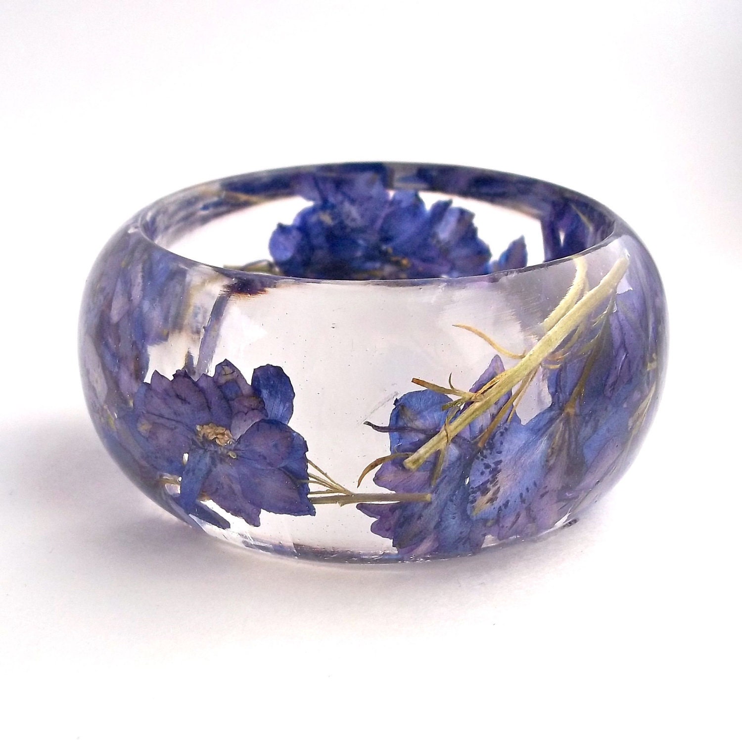 Purple Botanical Resin Bangle. Chunky Bangle Bracelet.  Pressed Flower Resin Cuff.  Real Flowers - Purple Larkspur