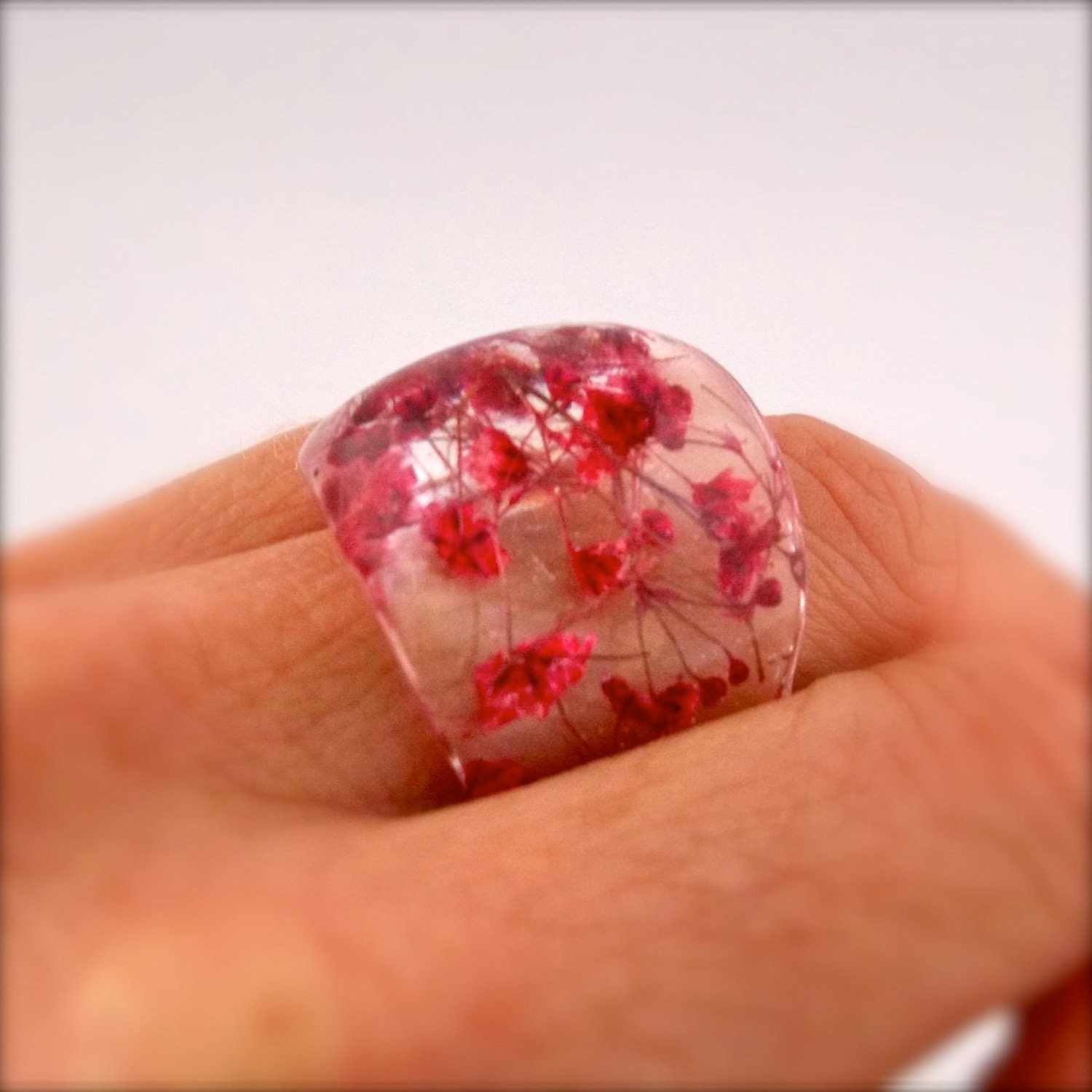 Red Resin Ring. Pressed Flower Resin Ring.  Cocktail Ring.  Handmade Jewelry with Real Flowers - Red Baby's Breath
