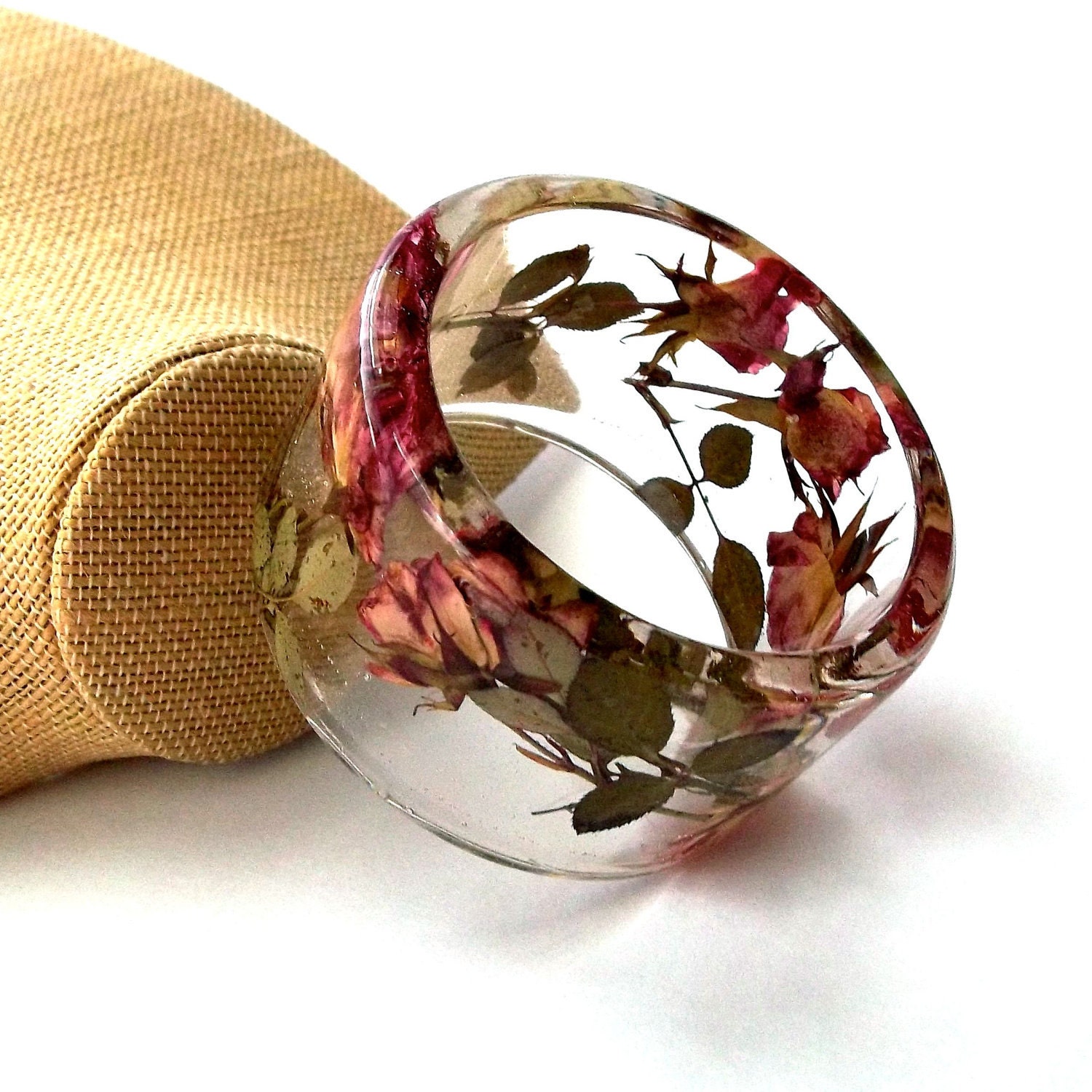 Pink and Yellow Roses Botanical Resin Bangle.  Chunky Bangle with Pressed Flowers.  Real Flowers - Pink and Yellow Roses