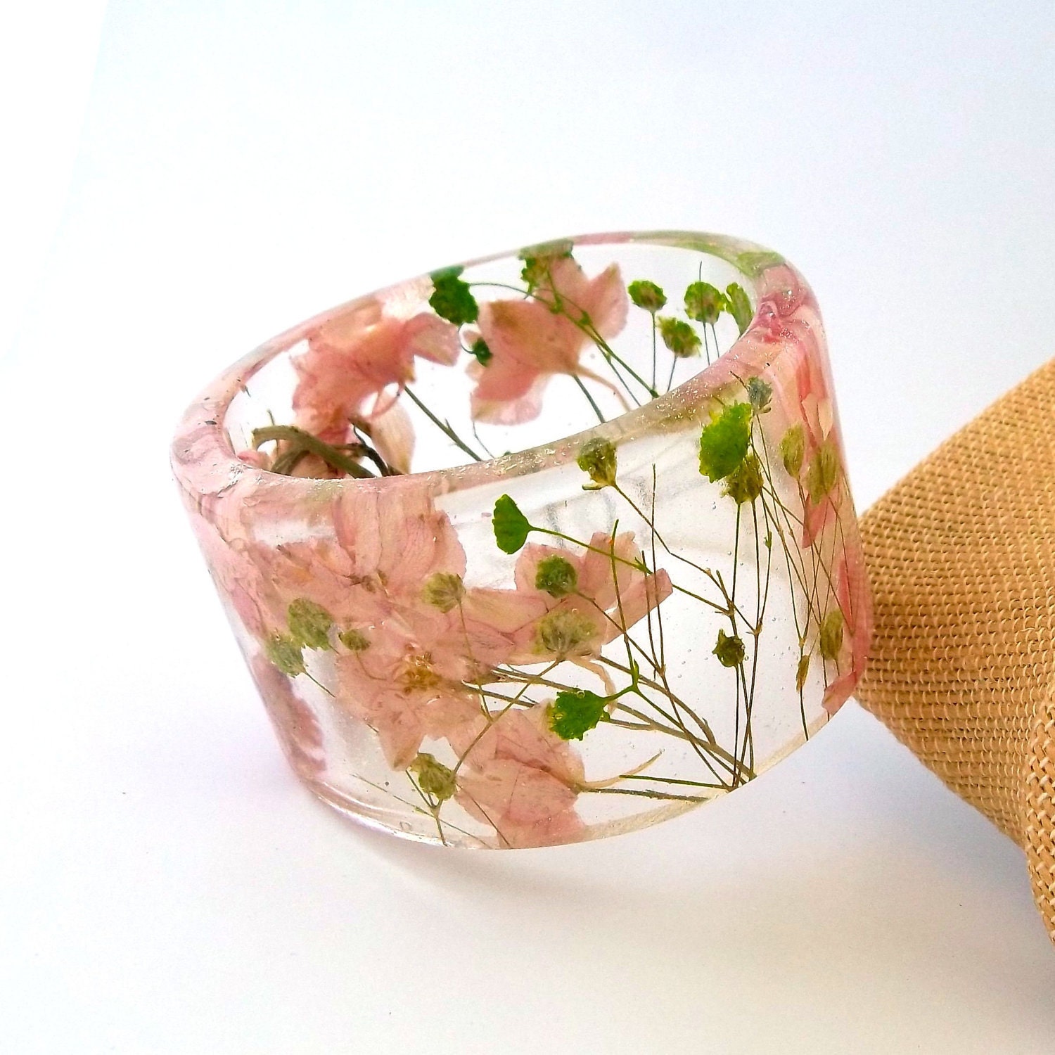 Pink and Green Botanical Resin Bangle.  Chunky Bangle with Pressed Flowers.  Real Flowers - Green Baby's Breath.