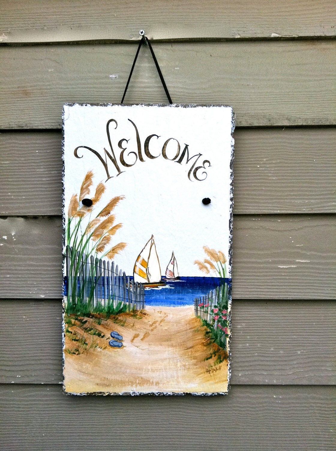 Hand Painted Welcome Sign - Beach Scene with Sailboats - Slate Plaque -Original Design