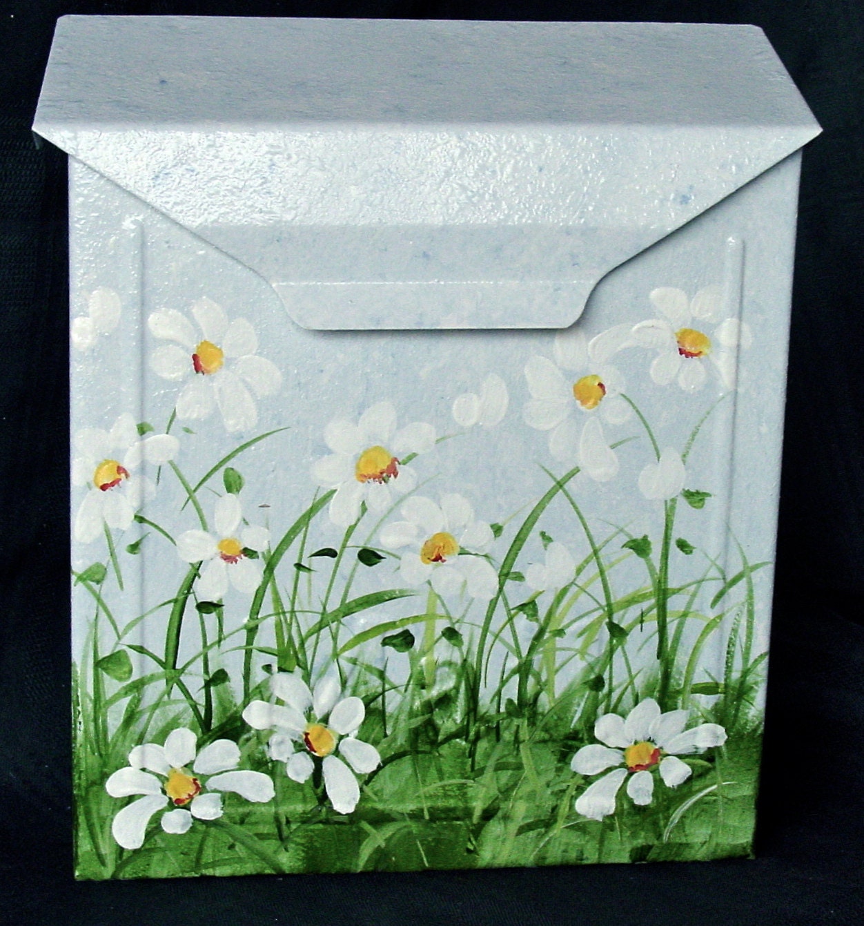 Hand Painted Mailbox with White Daisies on a blue background - Designer Wall Mount Mailbox -Outdoor decor