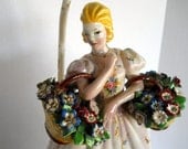 1940s Ceramic Lady Lamp Base // Blond Hair Pink/White Dress Baskets of Flowers Putties
