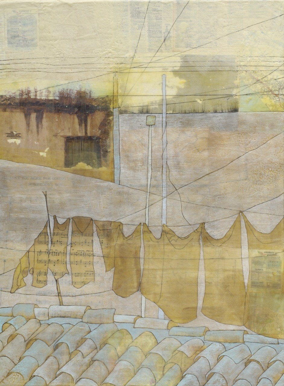 Fine Art Print of Original Mixed-Media Encaustic Painting- Laundry on Lines: always remember this place