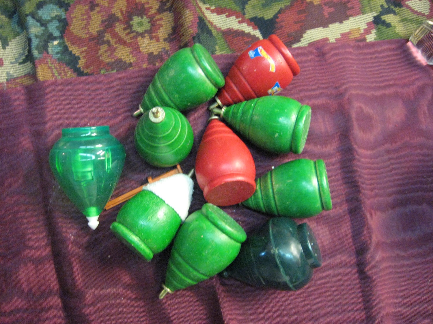 Vintage TOP Collection Lot green red wood hard plastic 10 toy tops 20 percent off all SALE coupon code 10moj2