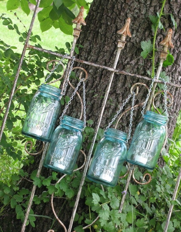 Beautiful Set of Four Ball Mason Jar Quart Size Lanterns/Vases