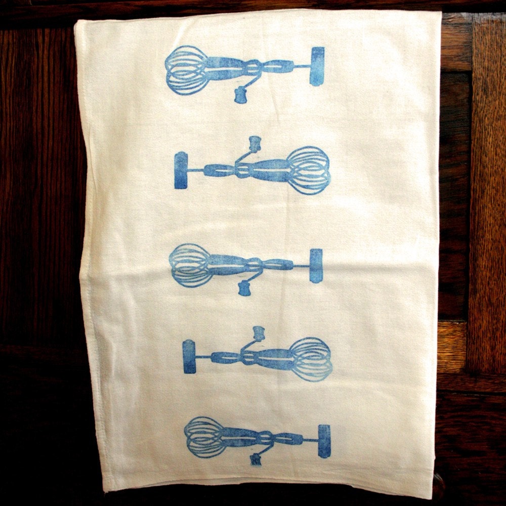 Blue Beater - Hand Stamped Flour Sack Tea Towels