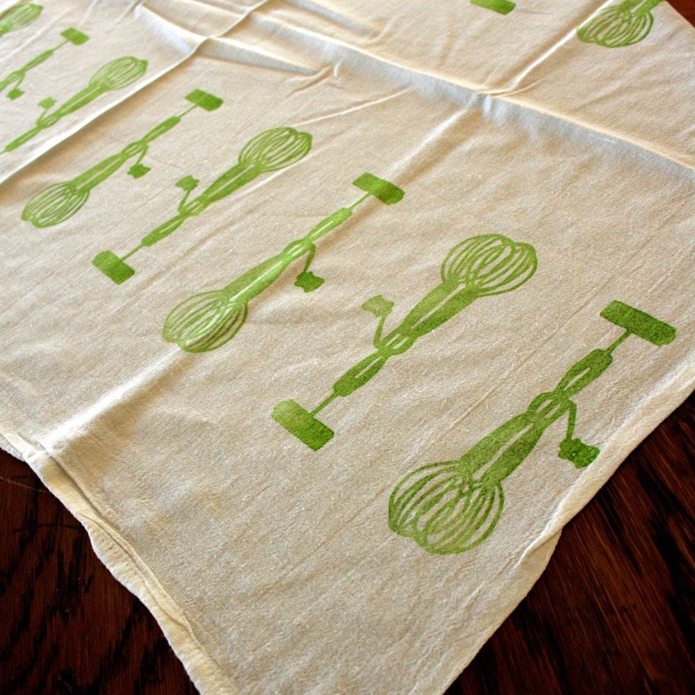 Green Beater - Hand Stamped Flour Sack Tea Towels