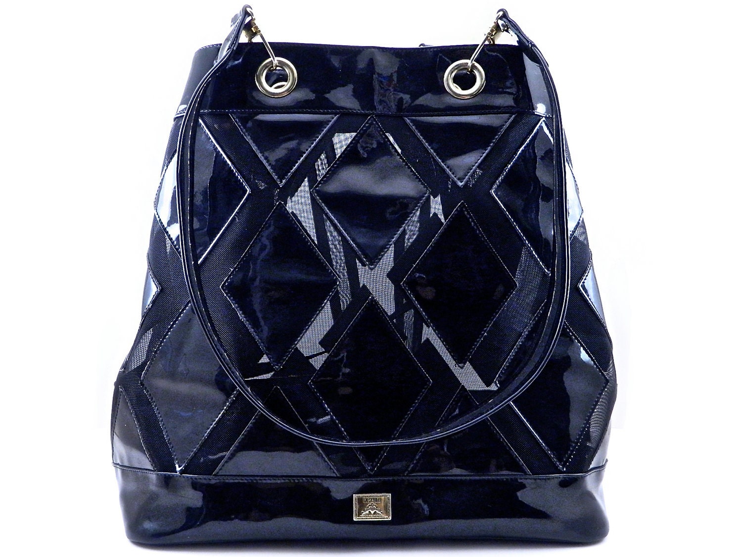 Rare Authentic Moschino Patent Leather Diamond Mesh Extra Large Bucket Bag Made in Italy by Redwall XL