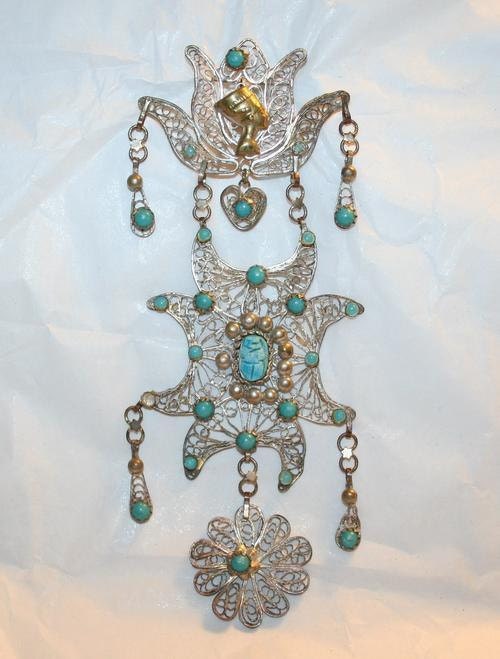 Bold Egyptian Revival Hand Filigree Silver Vintage Pendant