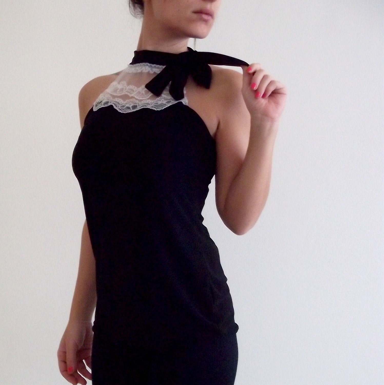 Black top-'Timeless Elegance' top/ blouse with White Lace