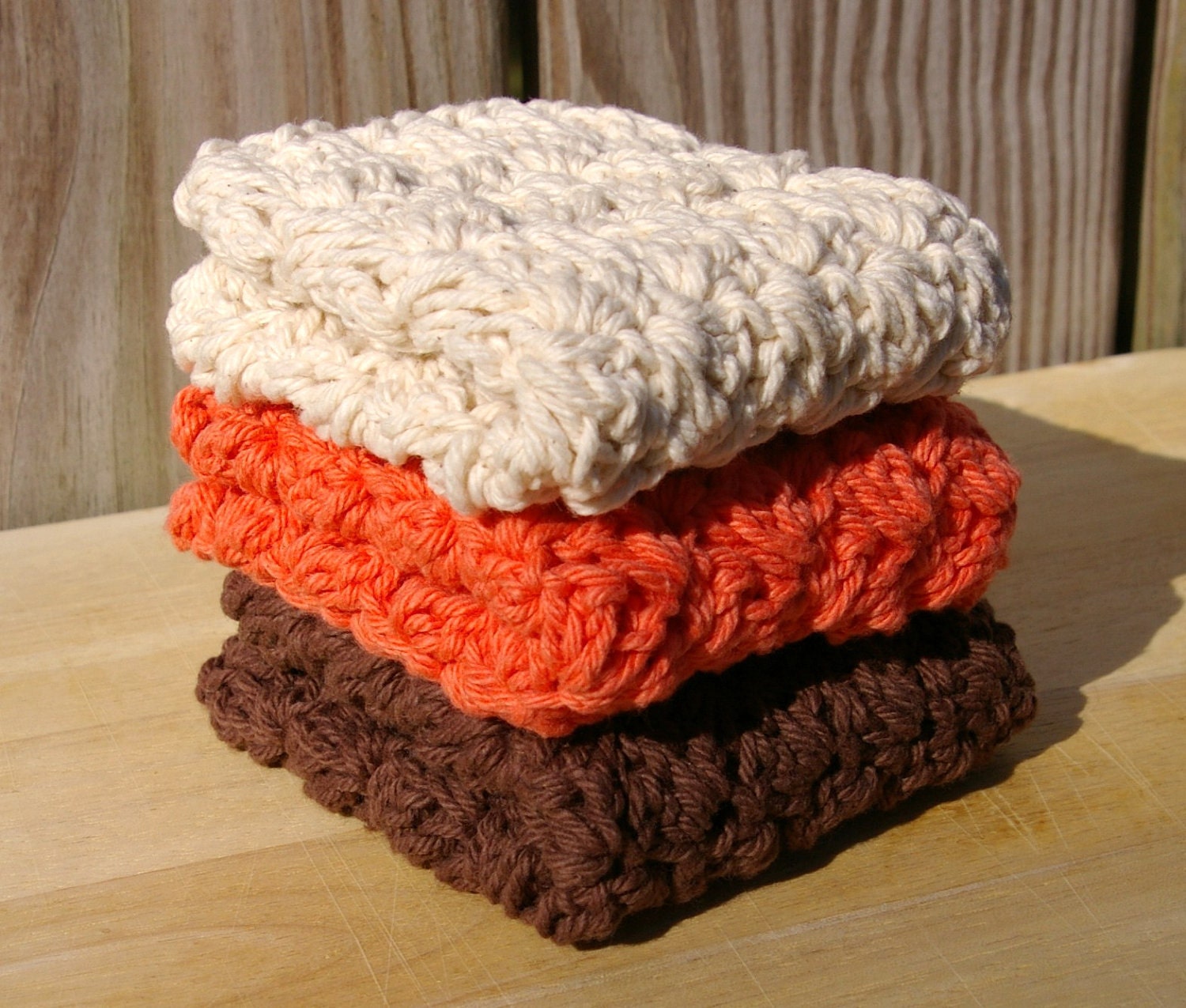 Crochet Dishcloths Cotton in Autumn Fall Brown, Ecru, Tangerine - CandacesCloset