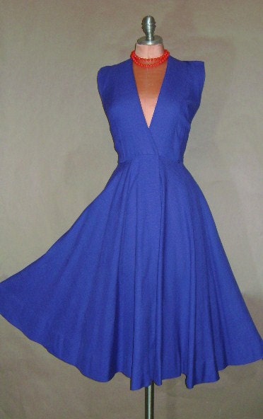 50s dress 1950s vintage ROYAL BLUE LINEN Anne Fogarty wrap jumper full skirt dress