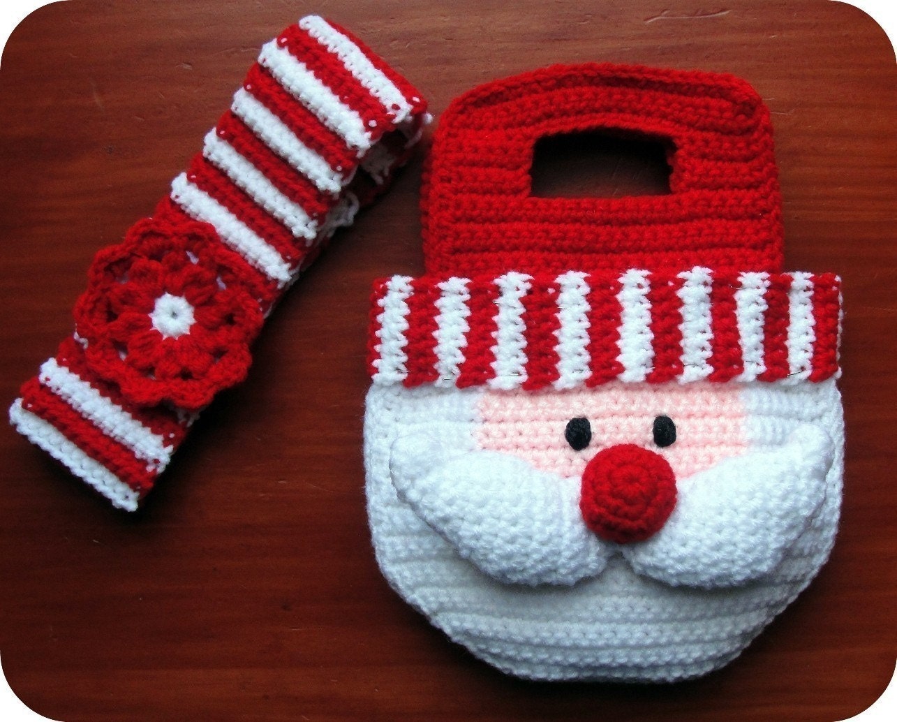 Girl CROCHET PATTERN  Santa Purse Christmas Bag and Striped Headband with Flower