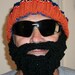 Knitted Blue & Orange Ribbed Hat with Crocheted Black Beard