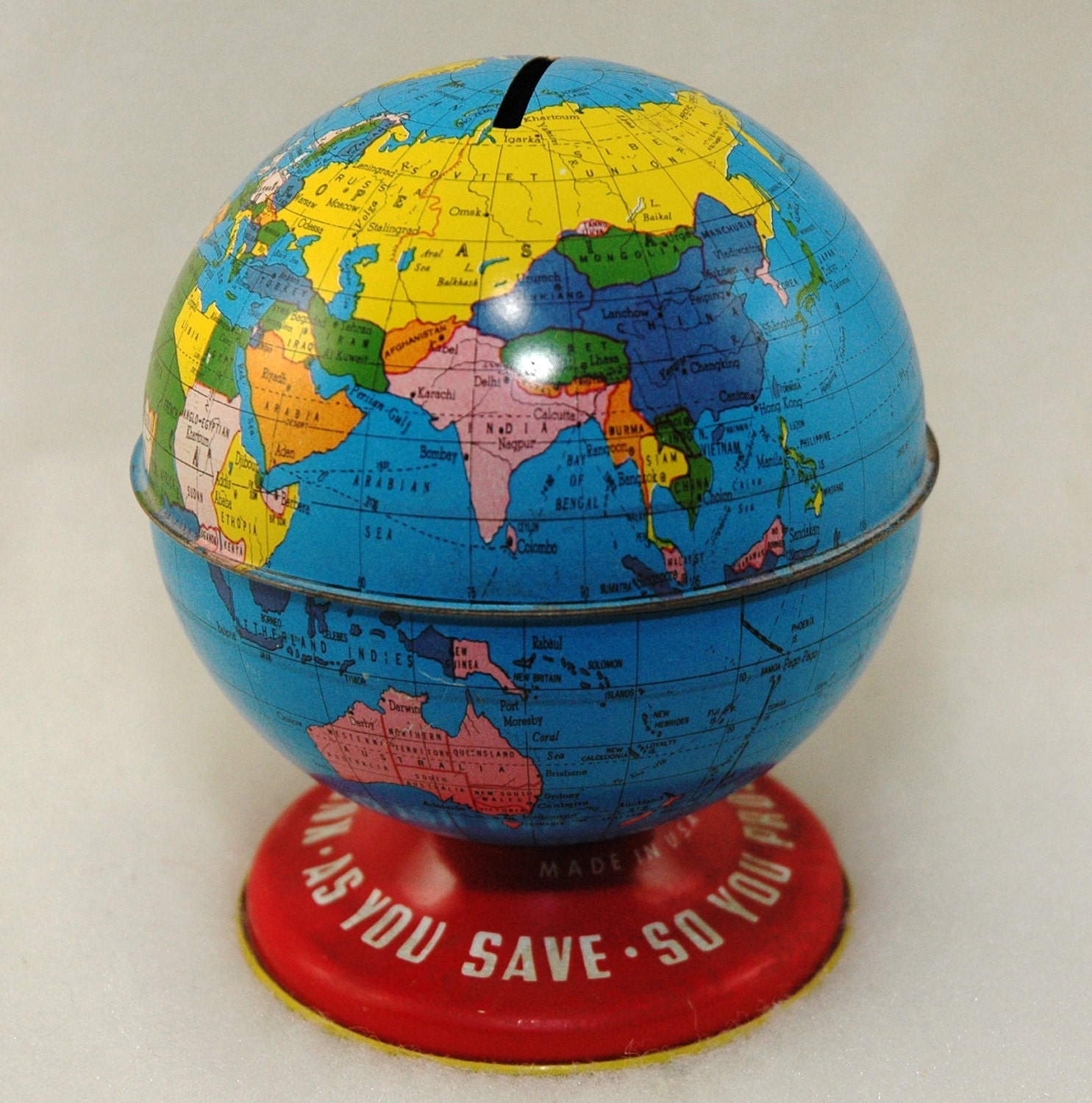 Coin Bank - Vintage Tin Litho Ohio Arts Co. 'World Bank' 1950's Savings Bank
