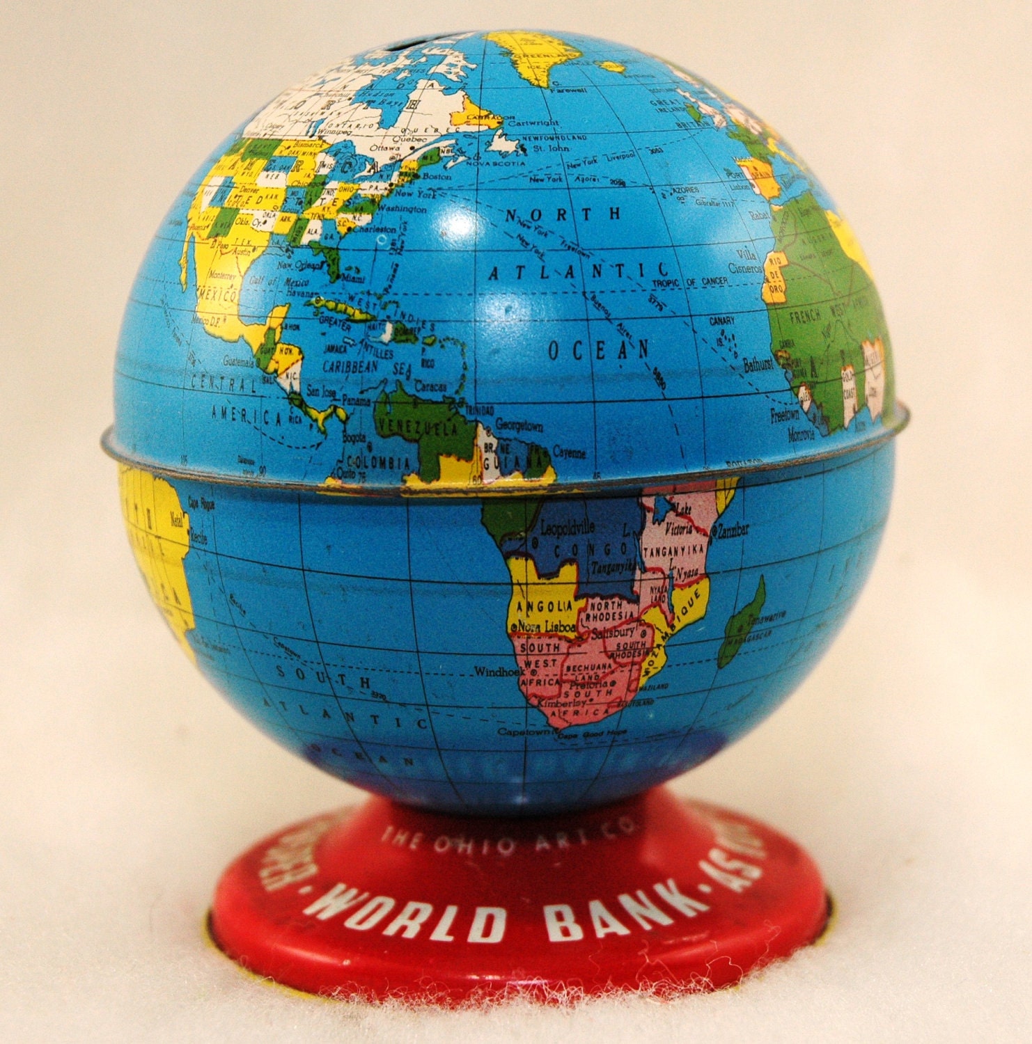 Coin Bank - Vintage Tin Litho Ohio Arts Co. 'World Bank' 1950's Savings Bank