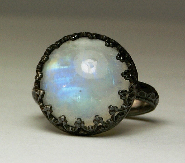 Rainbow Moonstone Ring, Sterling Silver, Natural Blue Stone, Vintage Inspired, Made to Order