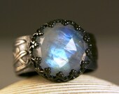 Sterling Silver Moonstone Ring, Blue Faceted Stone, Rainbow Flash, Antiqued Silver, Vintage Inspired-made to order in your size