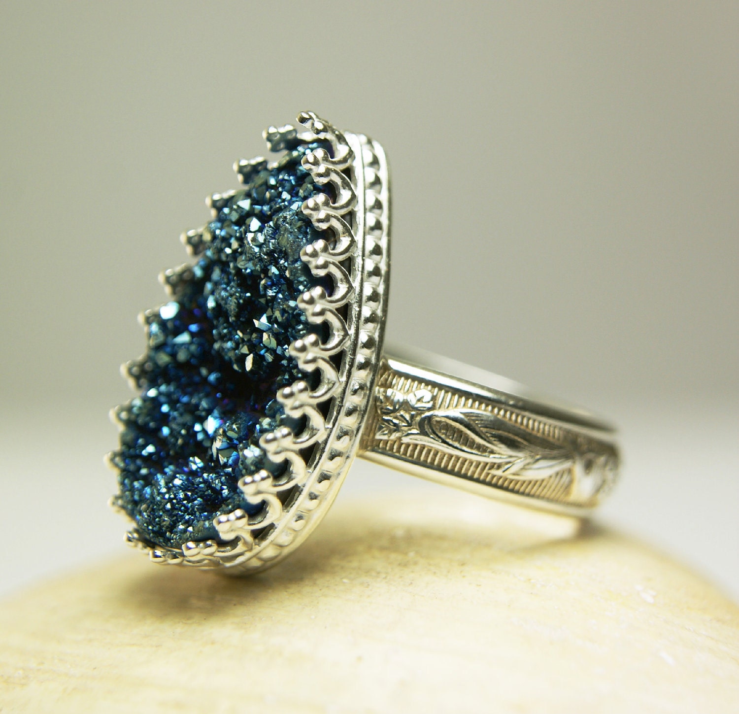 Sterling Silver Druzy Ring Titanium Blue Crystal Handmade