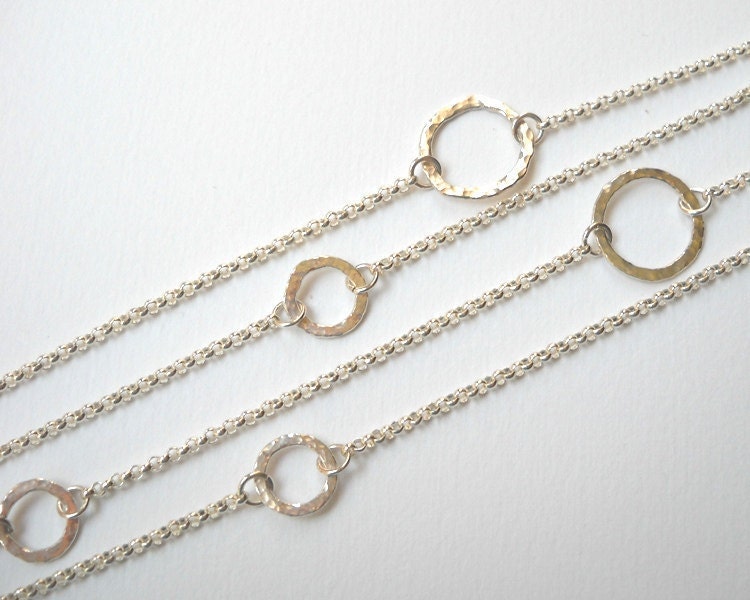Circle Station Necklace - Sterling SIlver Long Necklace Hammered Circle Link Necklace