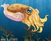 Baby Cuttlefish Art Print - Blue Brown Cream Green Aquatic Art - Watercolor Inspired 11x14 Inch Print