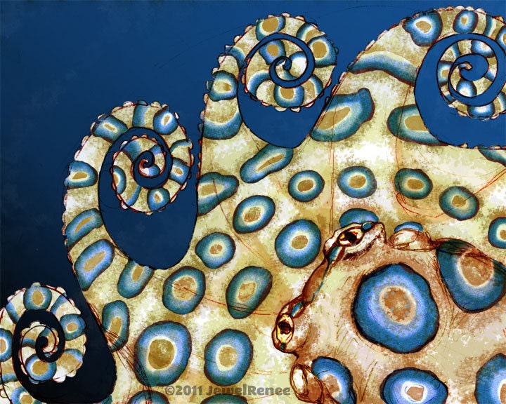 Octopus Art Print - BLUE RING - 11x14" Watercolor Inspired Blue and Cream Print