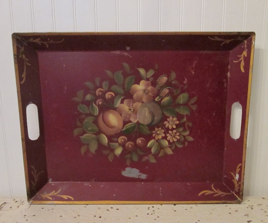 vintage Tole Tray, Rustic Handpainted, ECO Magnetic Memo Board, Message Center. Chippy Romantic Eclectic Cottage Shabby Objet d'Art Decor